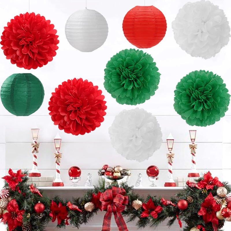 Mprocherify Red Green White Paper Flowers Tissue Pom Poms Honeycomb Lanterns 15pcs Christmas Party Decorations Mexican Italian Birthday Wedding Baby Shower Bachelorette Hanging Supplies - Image 3